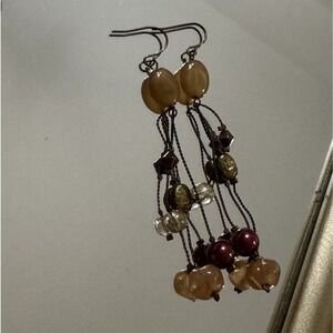 Boho Multi-Strand Beaded Tassel Drop Earrings Earthy Amber Burgundy Dangle